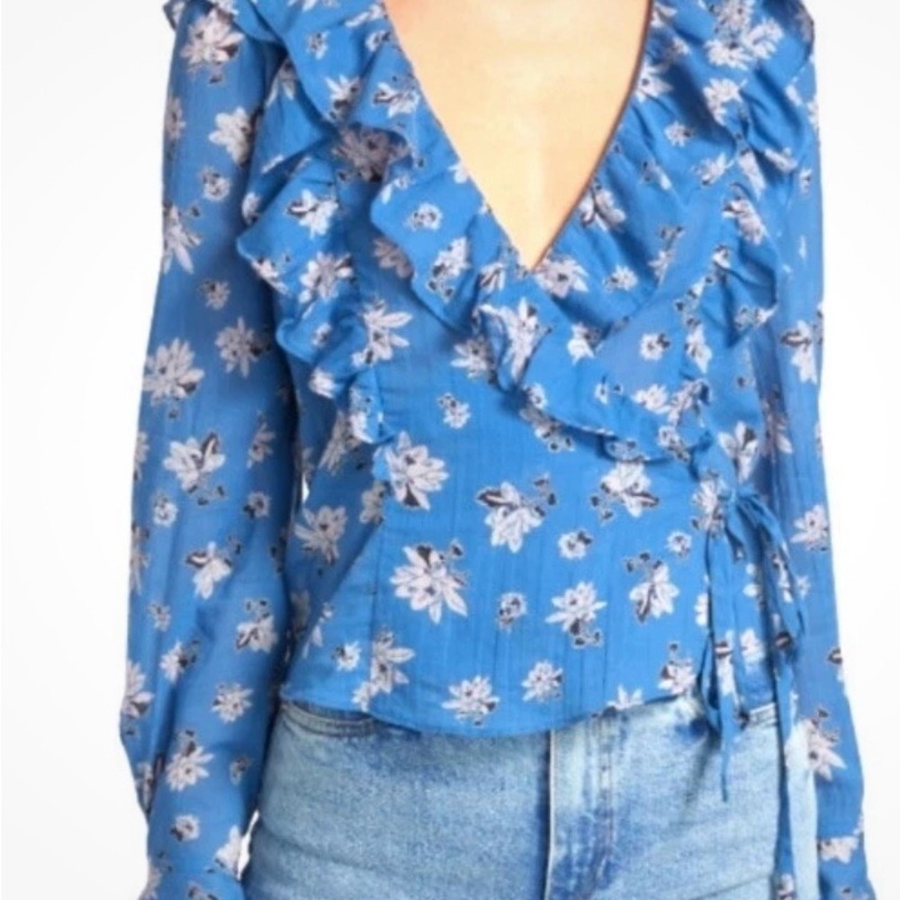 Free People Floral‎ Amanda Ruffle Peasant Top Blue Boho Cottagecore Coquette XS